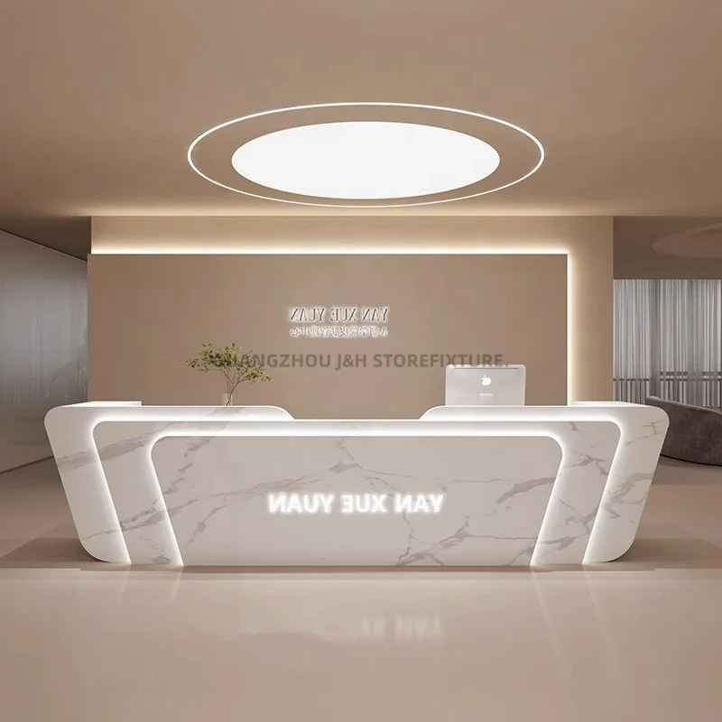 

Customized.Modern Marble Front Reception Desk LED Light Reception Desk with logo Salon Shop Wooden Reception Desk