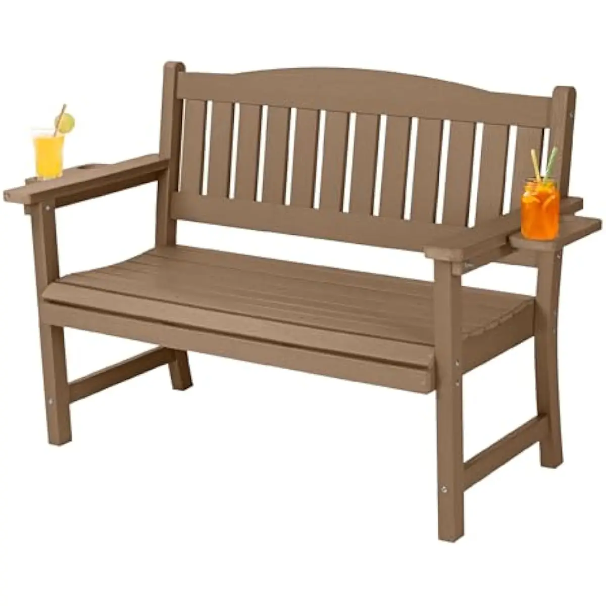 2-Person All-Weather HIPS Patio Bench with Ergonomic Curved Seat, 800 lb Load Capacity, UV-Resistant Brown Synthetic Wood Grain