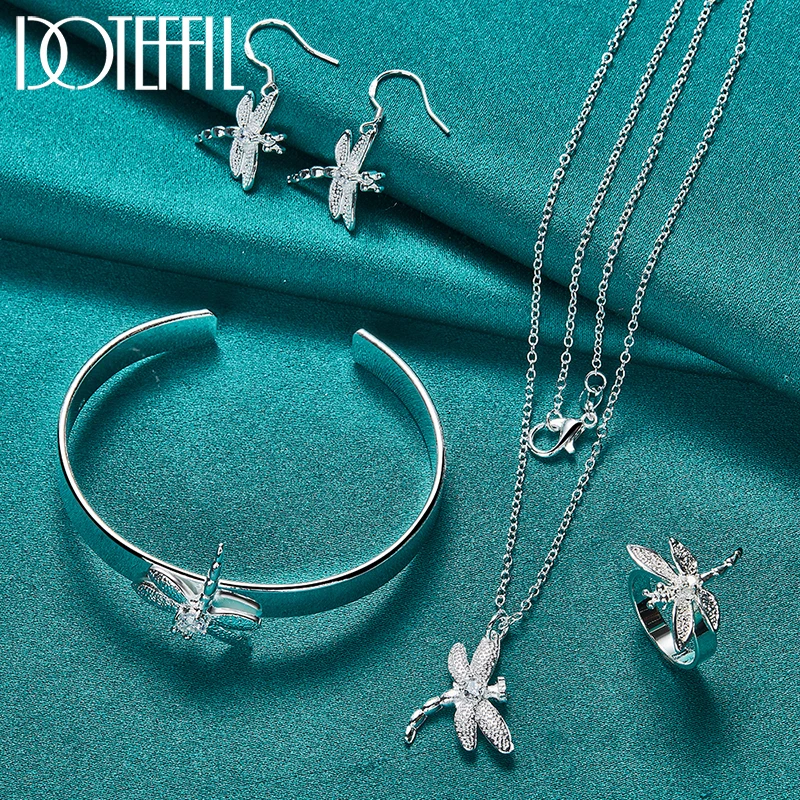 

DOTEFFIL 4pcs 925 Sterling Silver AAA Zircon Dragonfly Earring Neckalce Ring Bracelet For Woman Man Wedding Party Charm Jewelry