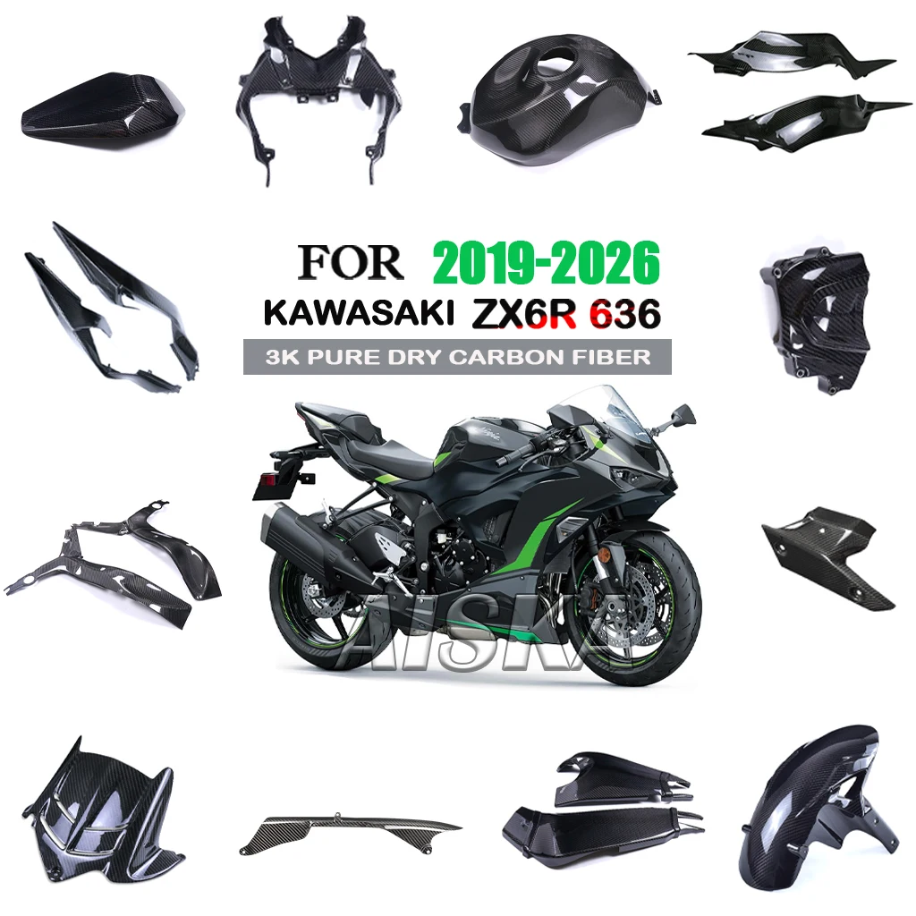Motorrad 3K Carbonfaser für KAWASAKI ZX6R 2019-2026 2023 2024 2025 Kotflügel, Kraftstofftank-Seitenverkleidung, Rahmen, Kettenabdeckung, Verkleidungskit