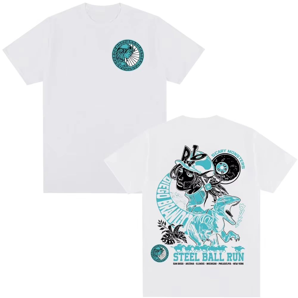 أنيمي جوجو غريب مغامرة تي شيرت الصلب الكرة تشغيل دييغو براندو مانغا الجرافيك تي شيرت الرجال النساء القطن عادية المتضخم التي شيرت