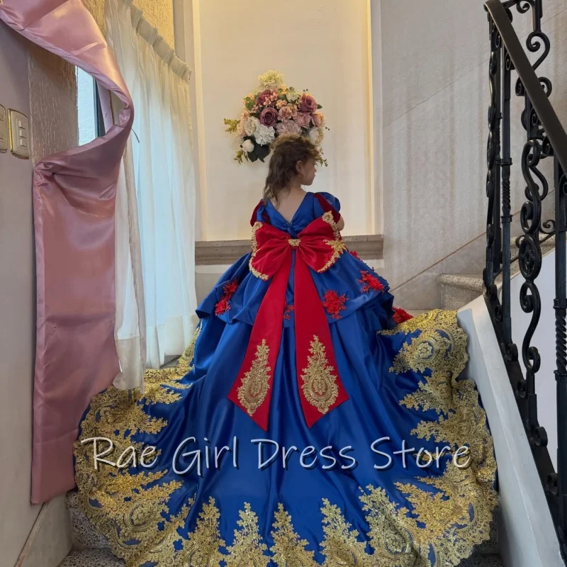 Blue Satin Flower Girl Dress Puff Short Sleeves V Back A Line Floor Train Gown Back Bow For Photoshoot Customized