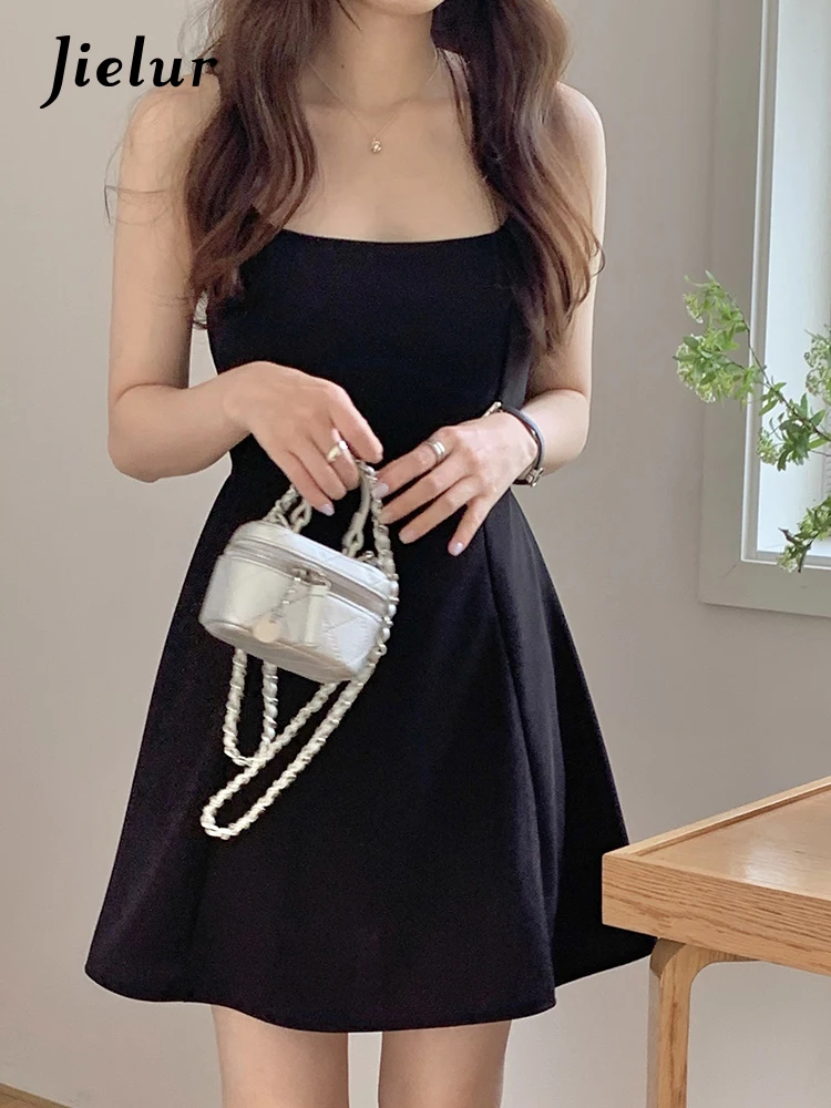 

Jielur Summer New Style Slim Waist Black Dresses Ladies Elegant Slim Strapless Women Sweet Fashion Solid Color Female Dress