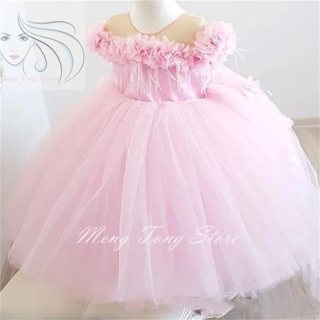 Baby Girls Pink Puffy Tulle Made Flowers Little Girl Dresses for Wedding Child Infant Baby Girls Pageant Dresses Birthday Gown