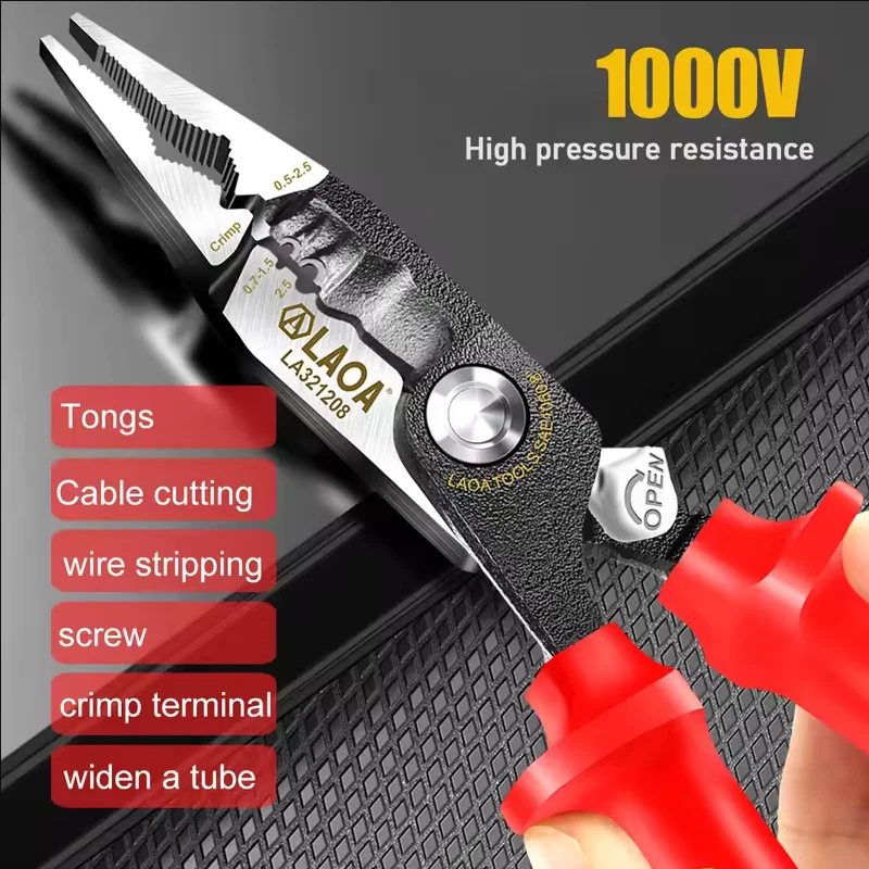 

LAOA 8-дюймовые изолированные плоскогубцы, плоскогубцы для электрика, высокая устойчивость к напряжению, 1000 В, кусачки для резки кабеля, зачистки