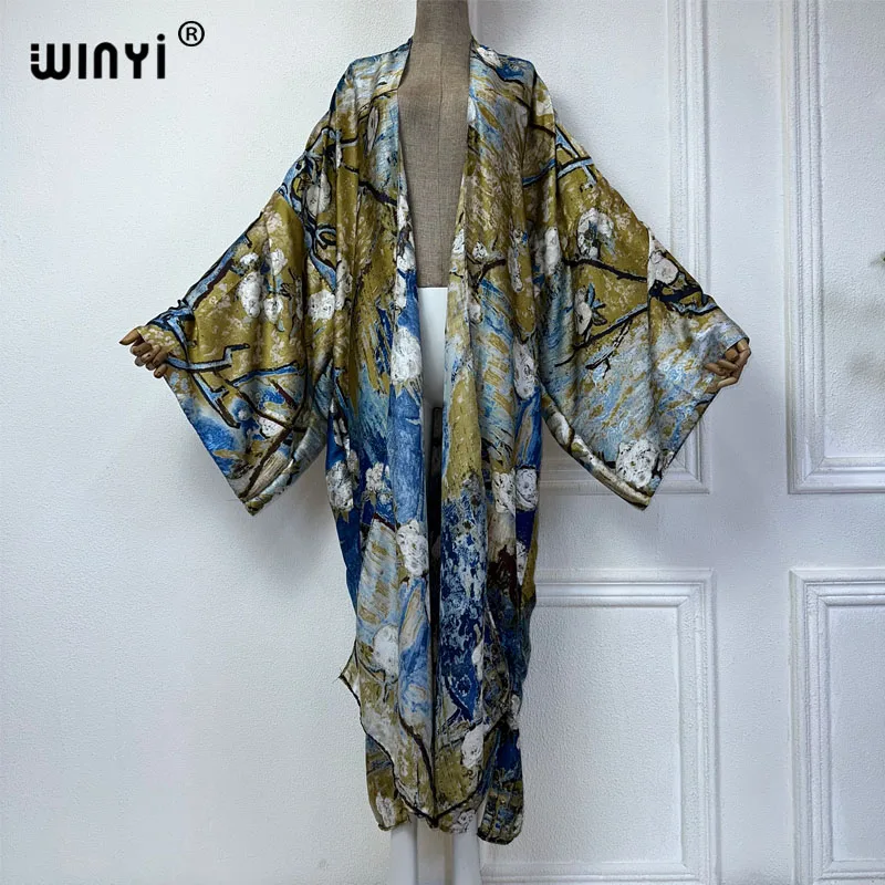 new WINYI Summer print beach cover up Swim Suit elegant Africa women boho Cardigan sexy Holiday long Sleeve Kimono fashion abaya