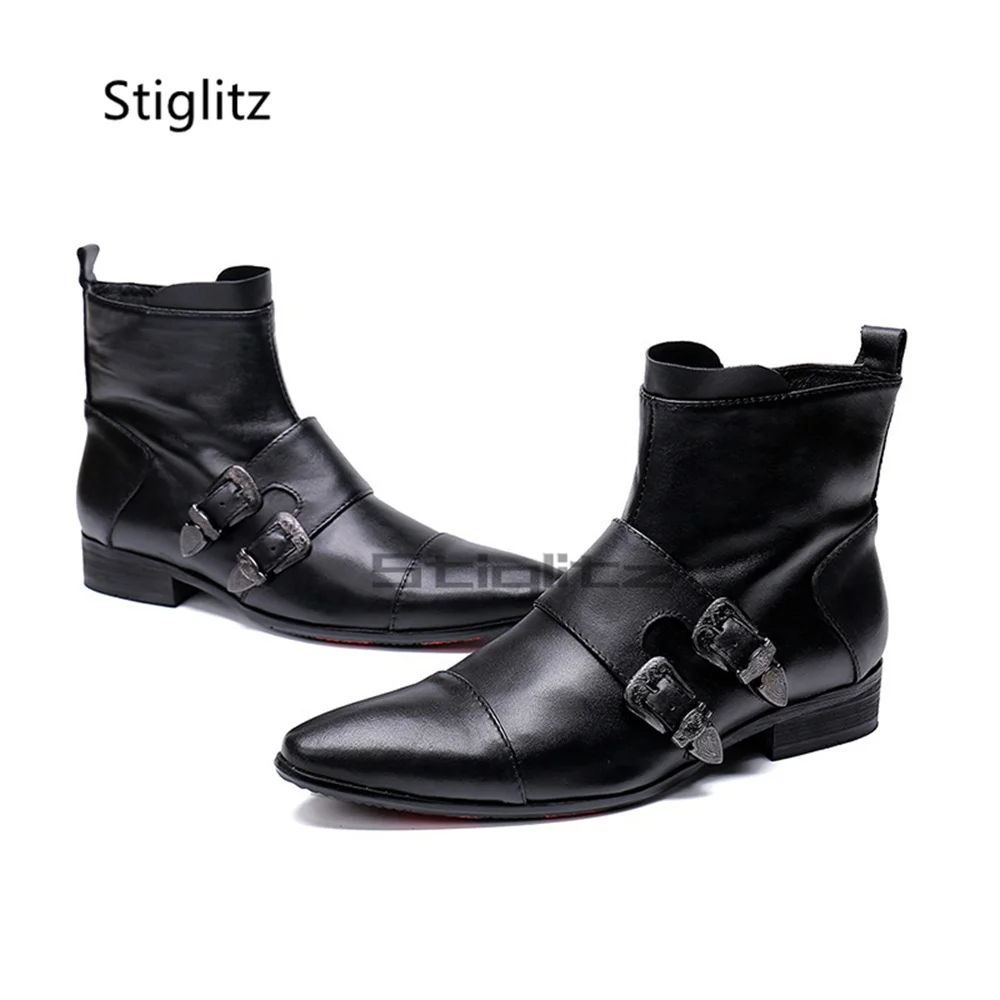 Men's Double Metal Buckle Chelsea Boots Black Genuine Leather Pointed Toe Side Zip Ankle Boots Low Block Heel Dress Male Shoes - view 4