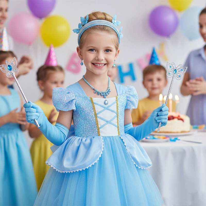 Vestido de princesa Cenicienta de Disney para niña, vestido de baile de encaje azul de lujo para niño, disfraz de Halloween, trajes de princesa de Carnaval