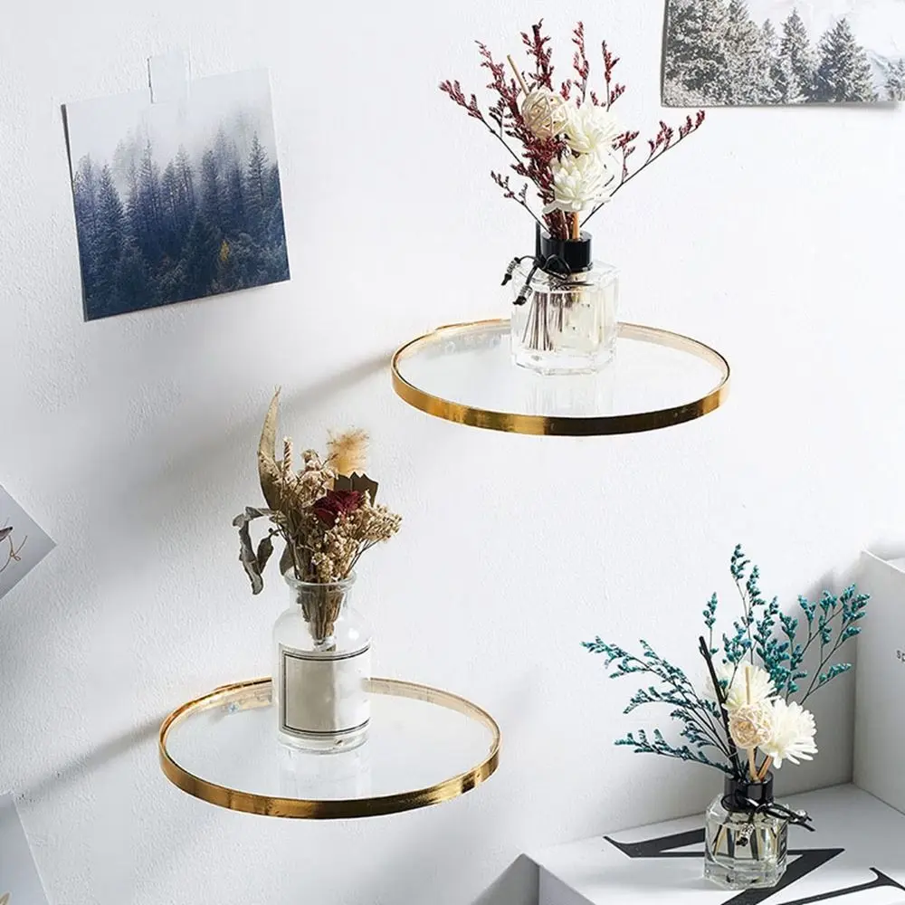 

Creative Wrought Iron Glass Ledge Rack Gold Wall Mounted Vase Display Organizer Decorative Sundries Storage Holder for Home