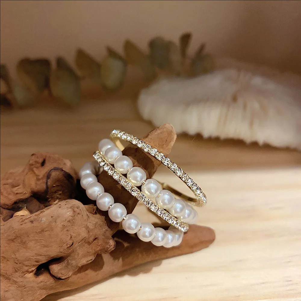 Silvery Needle Fashionable Crystal-encrusted Pearl Double-ring C-shaped Ear Rings Simple Design Cute Jewelry For Women