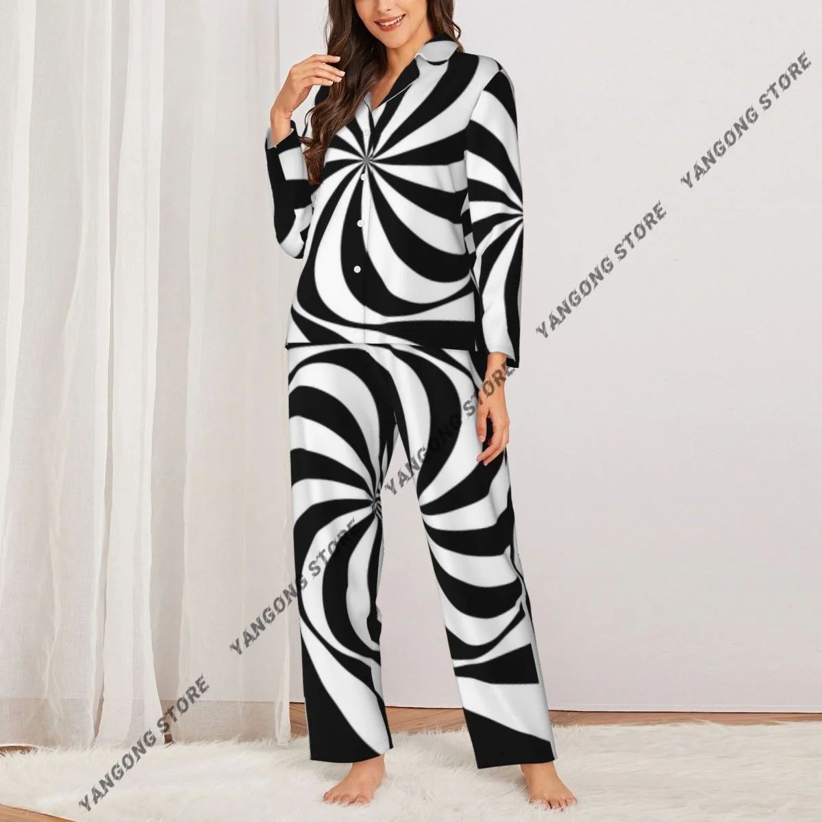Abstract Striped Background Womens Pajamas Loungewear Two-piece Sleepwear Button-Down Full Sleeve Long Pajamas Set