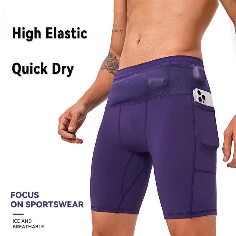 

(S-3XL)Quick Dry Fitness Gym Cycling Tight Sport Shorts Men's Compression Marathon Running Pants with Wrap Waist Pocket