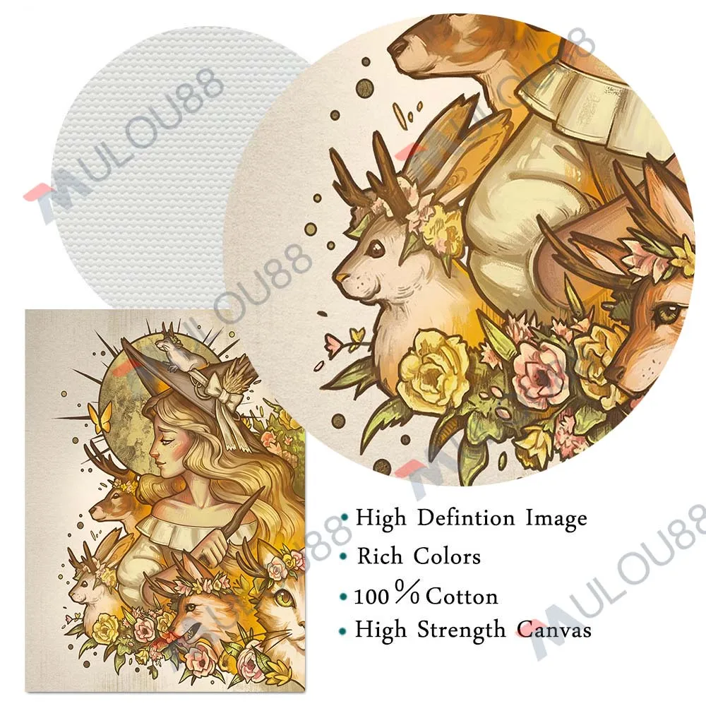 الطبيعة الساحرة والحيوانات، خمر الرسم على لوحات القماش الجدارية قزم سيدة الخيال الفني المشارك والطباعة لتزيين غرفة المعيشة