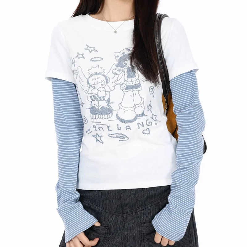 Harajuku Streetwear Sweet Cartoon Print Fake Two Piece Striped Patchwork T-Shirt Women Clothing Y2k Aesthetics Grunge Gyaru Tops