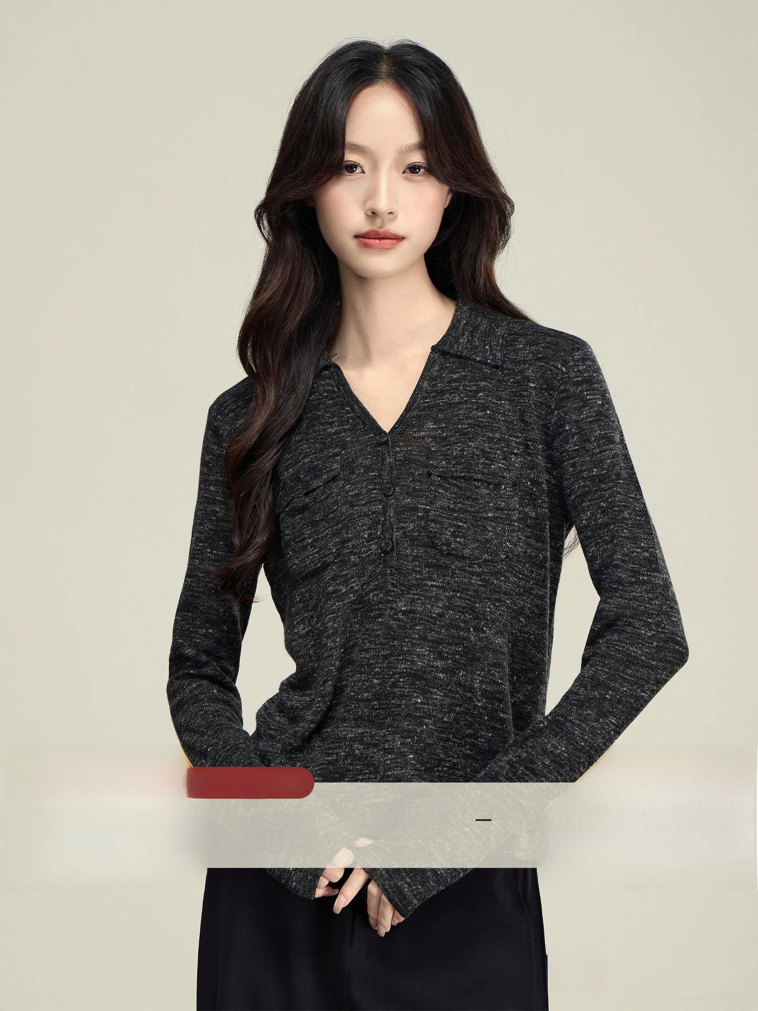 

Slimming Long Sve V-Ne Linen Base irt Spring Autumn New Sle Women's Stand oulder Knitted Top Daily Wear Pure Color