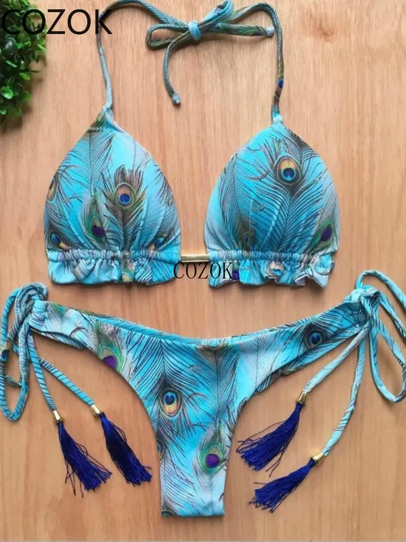 

Sexy Micro Bikinis Set 2023 New Swimsuit Women Feather Print Bandage Swimwear Female Bathing Suit Brazilian Biquinis