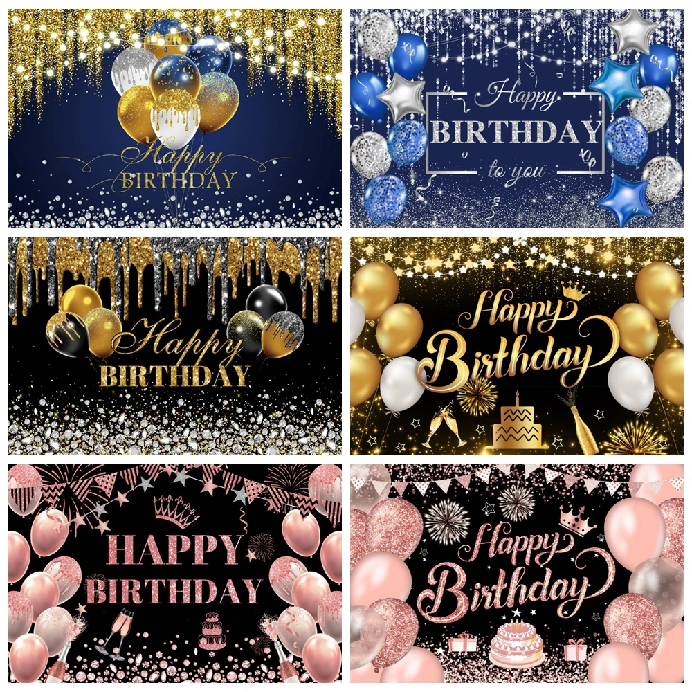 

Adult Birthday Party Backdrop Gold Glitter Sparkling Balloon Diamond Customized Happy Birthday Decoration Photography Background