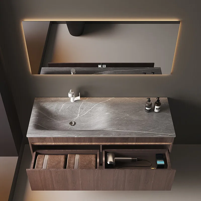 

rock slab hot bending integrated basin, solid wood bathroom cabinet combination, bathroom washbasin, washbasin