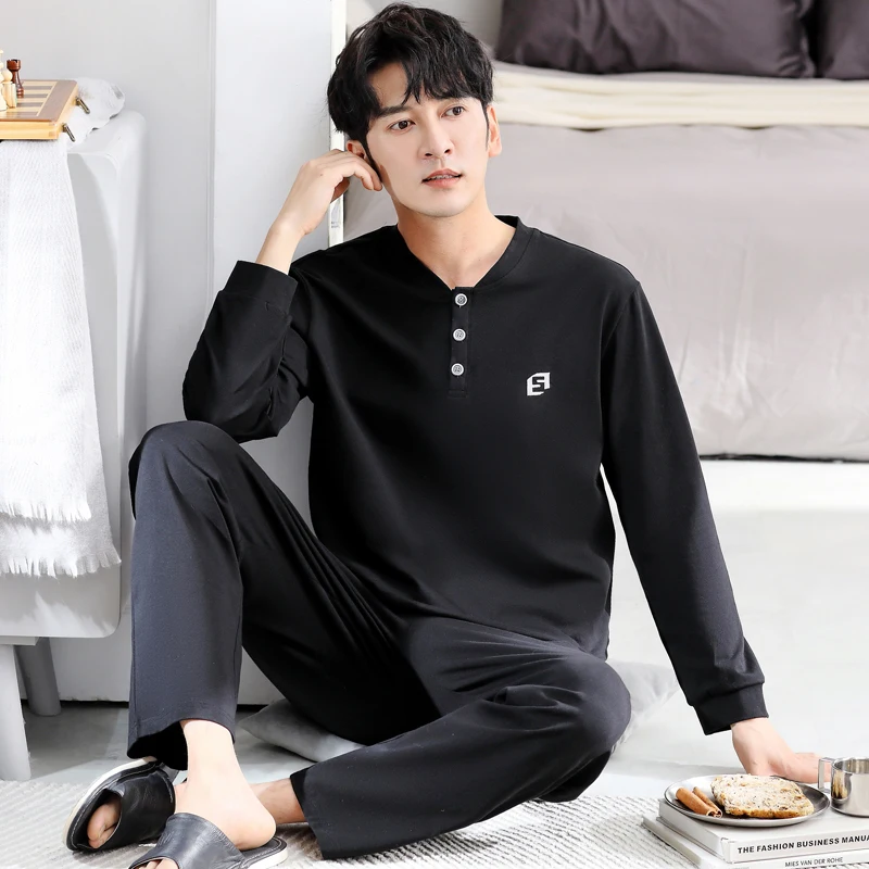 Spring and Autumn Men Pajamas Set Knited Cotton Long Sleeve Sleepwear Loose M-3XL Nightwear Male Sleepwear