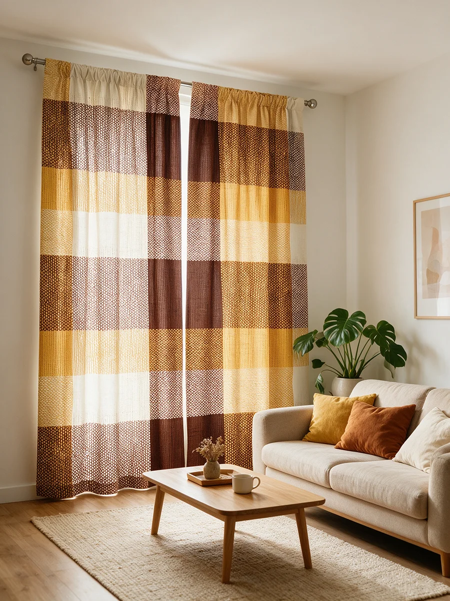 2PCS Digital Printed Curtains, Brown Yellow Plaid Check Gingham Pattern, Farmhouse Rustic Style for Bedroom Living Room Decor