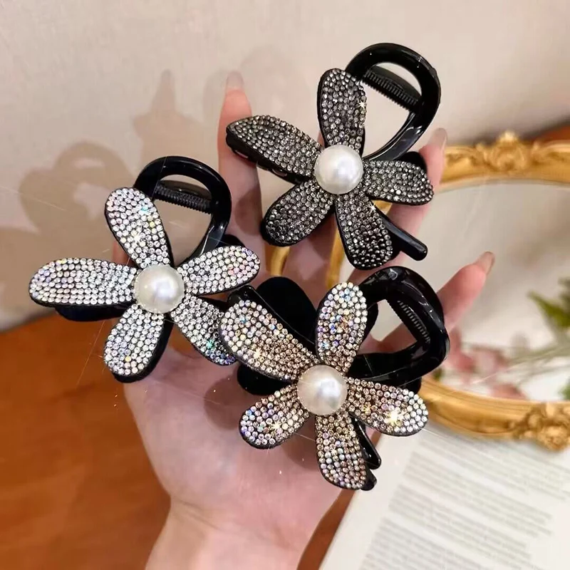 Nuevo Clip de garra de pelo coreano con diamantes de imitación, horquillas de cangrejos de pelo negro elegantes para sombreros de mujer, accesorios