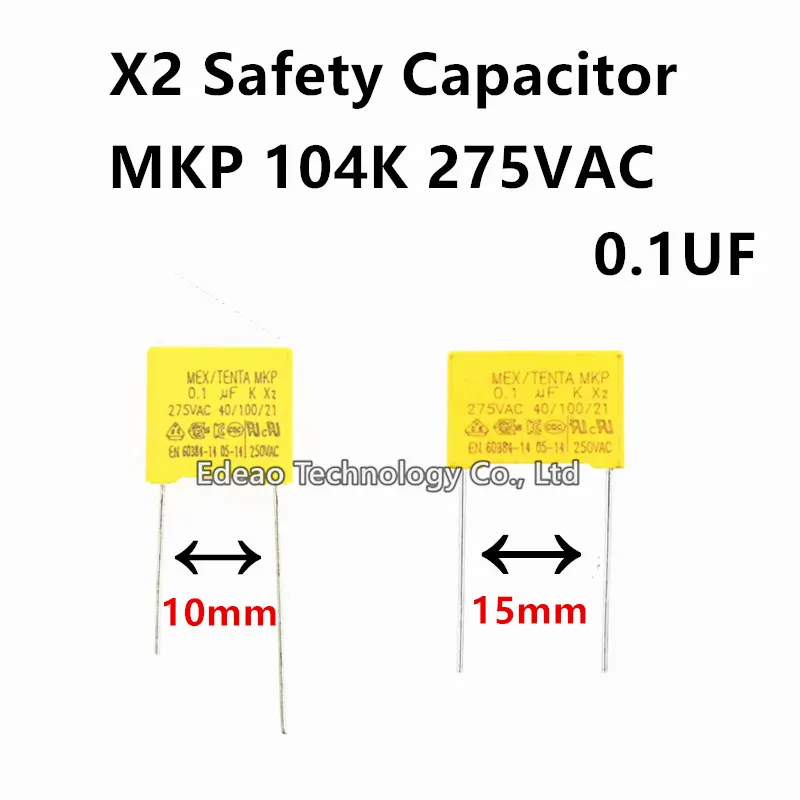 10-20PCS/LOt NEW X2 Safety capacitor 104K 275VAC MPX MKP 0.1UF 275V 10% X2 275V104K Pitch10mm 15mm Polyester Film Capacitors