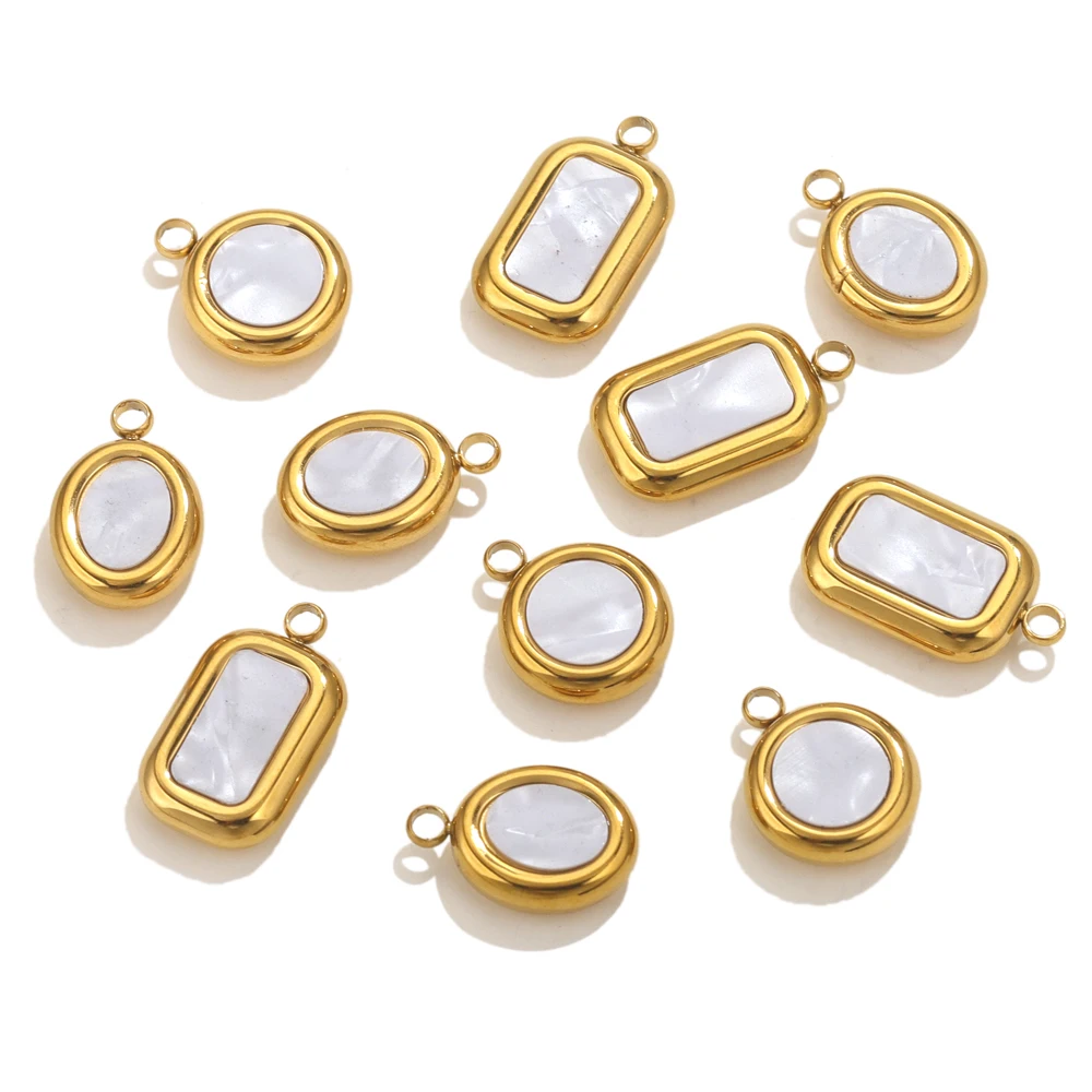 5pcs Stainless Steel Pearl Shell Square Round Oval Cahrms For Necklace Bracelet DIY Pendants Jewelry Making Accessories Craft
