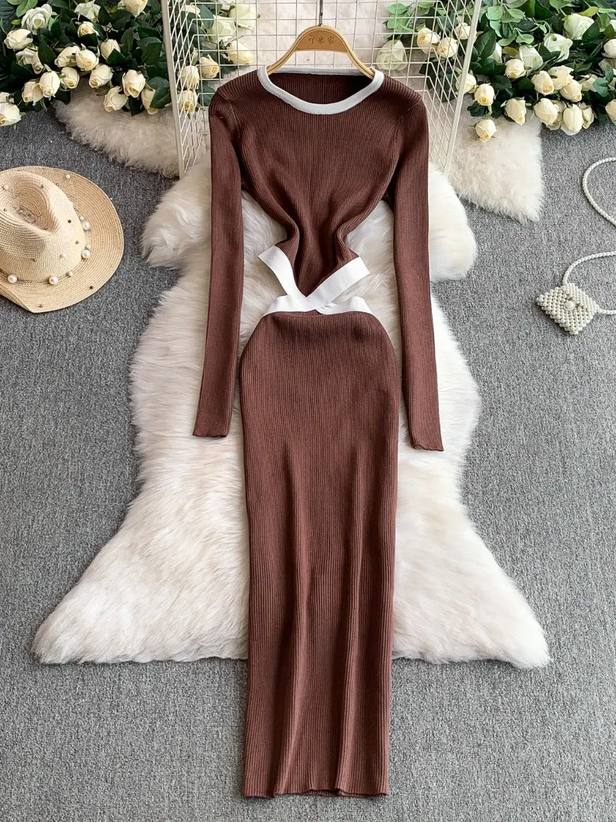 Foamlina outono manga longa cintura cinched malha bodycon vestido estilo europeu design elegante corte cintura sexy chique camisola vestido