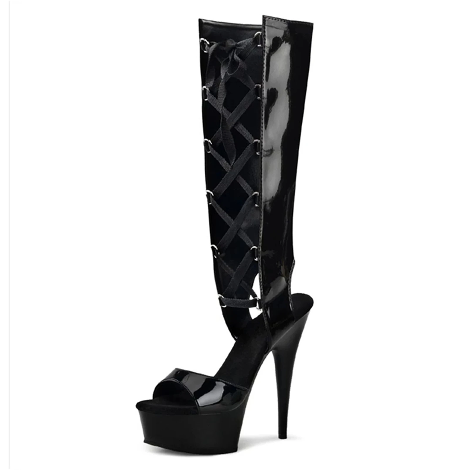 

15CM Platform Lace-Up Sandals Black, Patent Leather Ankle Boots with Criss-Cross Straps, Extreme Height Gothic Shoes​
