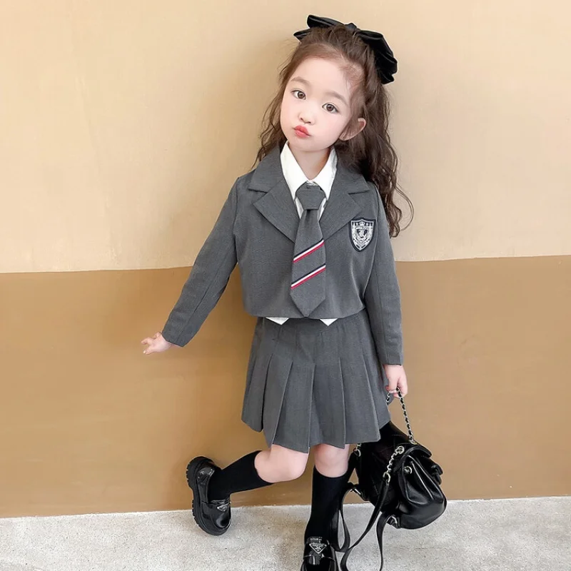 Formal Western Suit Pleated Skirt For Girls Clothes Set Gray School Uniforms For 4 5 6 7 8 9 10 11 12 13 Years Kids Girls Outfit