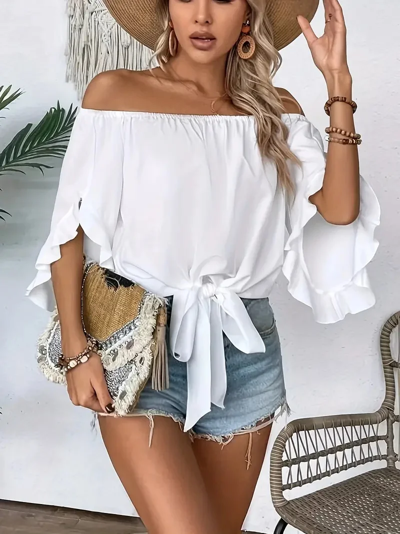 Summer One Shoulder Short Sleeved Tops for Women Solid Color Ruffle Sleeve T-Shirt Ladies Casaul Elegant Top Bow Tie Club Party