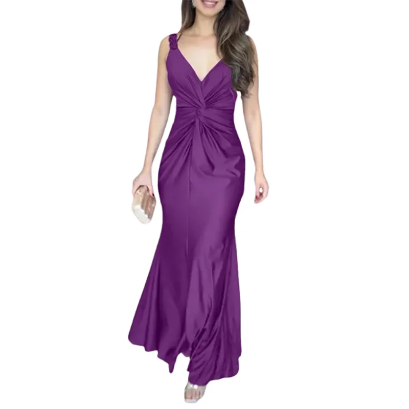 Fashion Solid Color Slim Fishtail Dress Temperament V-neck Twist Sleeveless Halter Dress Elegant Hollow Out Satin Evening Dress