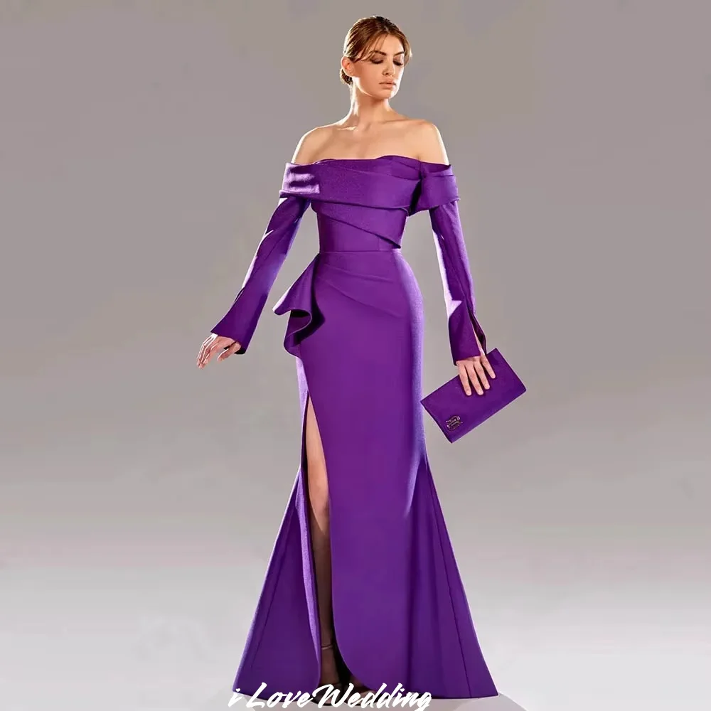 

Purple Off the Shoulder Evening Dress 2025 Satin Strapless Long Sleeve Mermaid Split Sweep Train Wedding Party Dress Customized