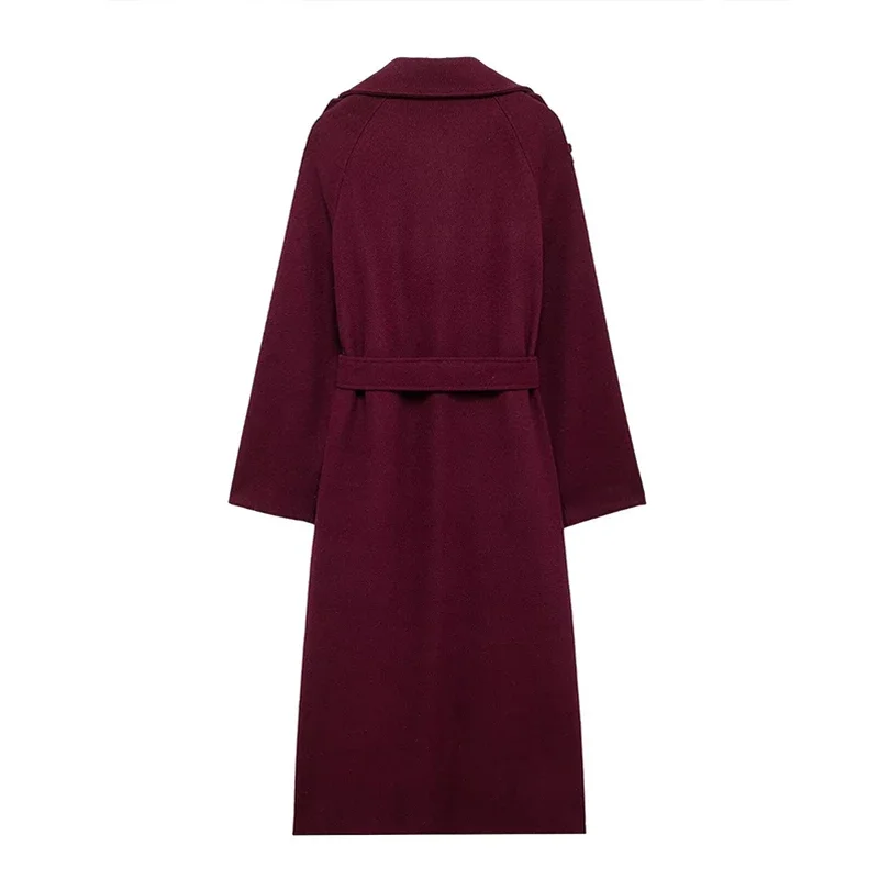 Urban Double Breasted Long Coat With Scarf Women Wine Red Long Sleeve Women's Woolen Blend Overcoat 2024 Street Lady Outwears