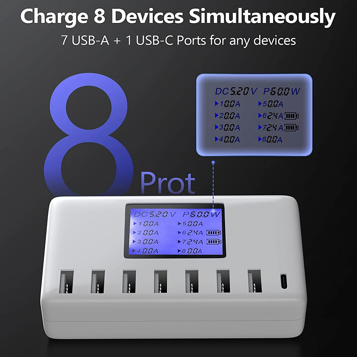 USB Charging Station 8-Ports 60W 12A Multi USB C Hub Charger with LCD Display for Cellphone  Tablet Multiple Devices iPhone 14 8