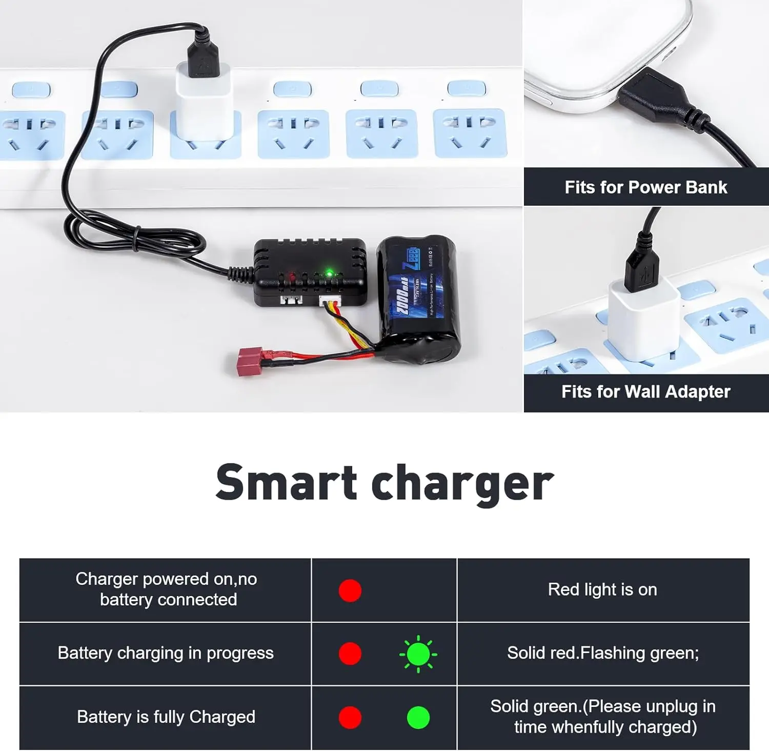 Zeee Li-ion Battery 2S 7.4V 2000mAh T Connector with Charger for RC Cars Buggy Boats 4WD High Speed FPV Racing Hobby Model Parts