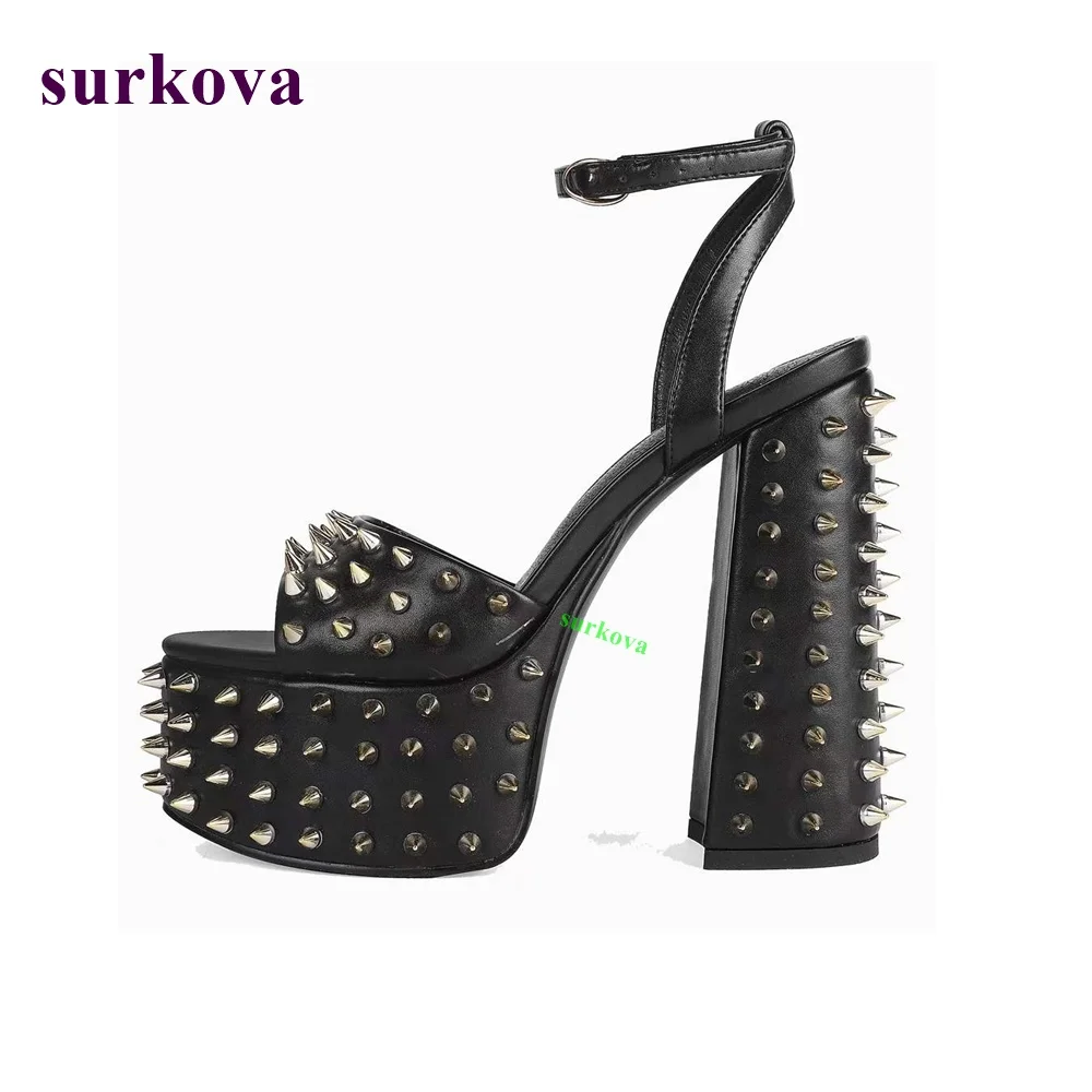 

Black Rivet Platform Buckle Sandals 2022 New Designer Chunky Heel Ankle Strap High Heels Gladiator Cool Ladies Open Toe Size 46