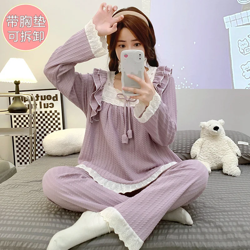 Women Princess Lace Solid Pajamas Suit Long Sleeved Two Pieces Sleepwear With Lingerie Sweet Cute Home wear Set