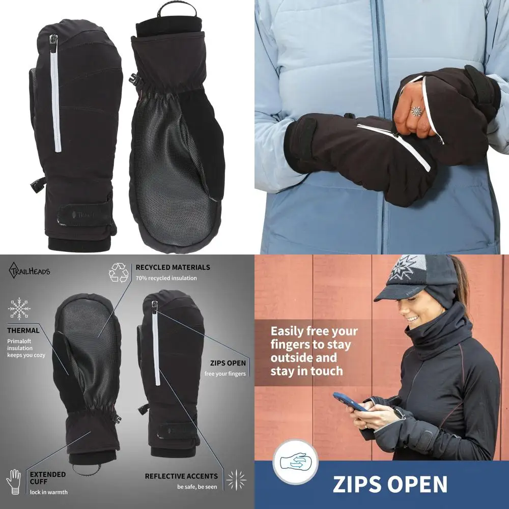 قفازات نسائية بسحاب قابلة للتحويل للرياضات الخارجية - قفازات جري شتوية باللون الأسود #1