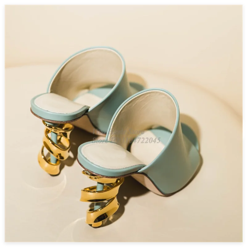 

Gold Metal Heeled Leather Sandals Baby Blue Strange Style High Heels Women's 2025 New in Fashion Sexy Slippers Party Shoes
