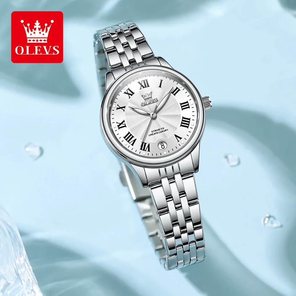 OLEVS jam tangan Quartz wanita, arloji indah elegan tali Stainless Steel tanggal hadiah kecantikan untuk perempuan