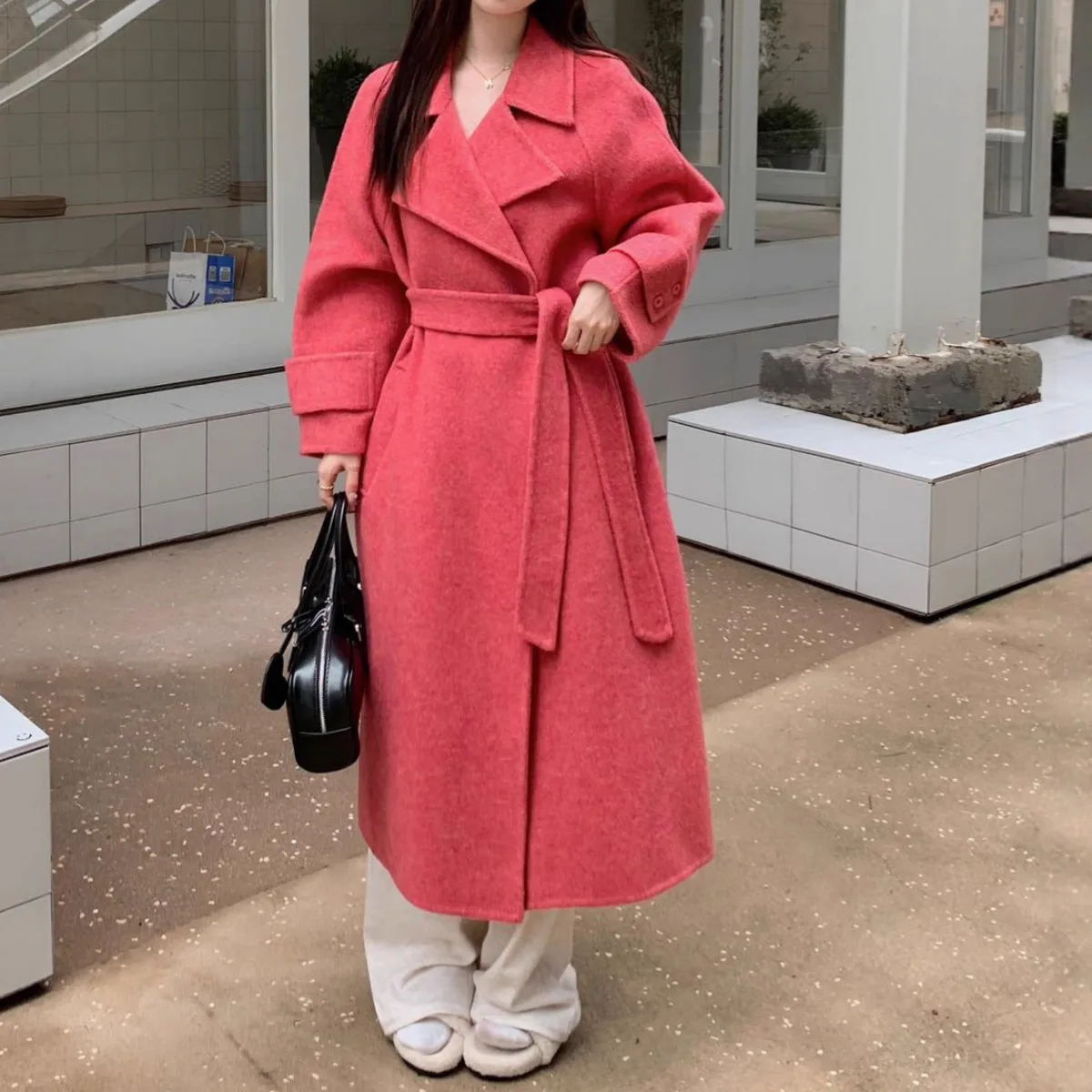 เสื้อโค้ทขนสัตว์สองด้านคุณภาพสูง BJTZ สำหรับผู้หญิง ความยาวปานกลาง ผูกเชือก ปกพับได้ เสื้อแจ็คเก็ตขนสัตว์เรียบง่าย คอลเลคชั่นฤดูใบไม้ร่วง/ฤดูหนาว 2025 รุ่นใหม่