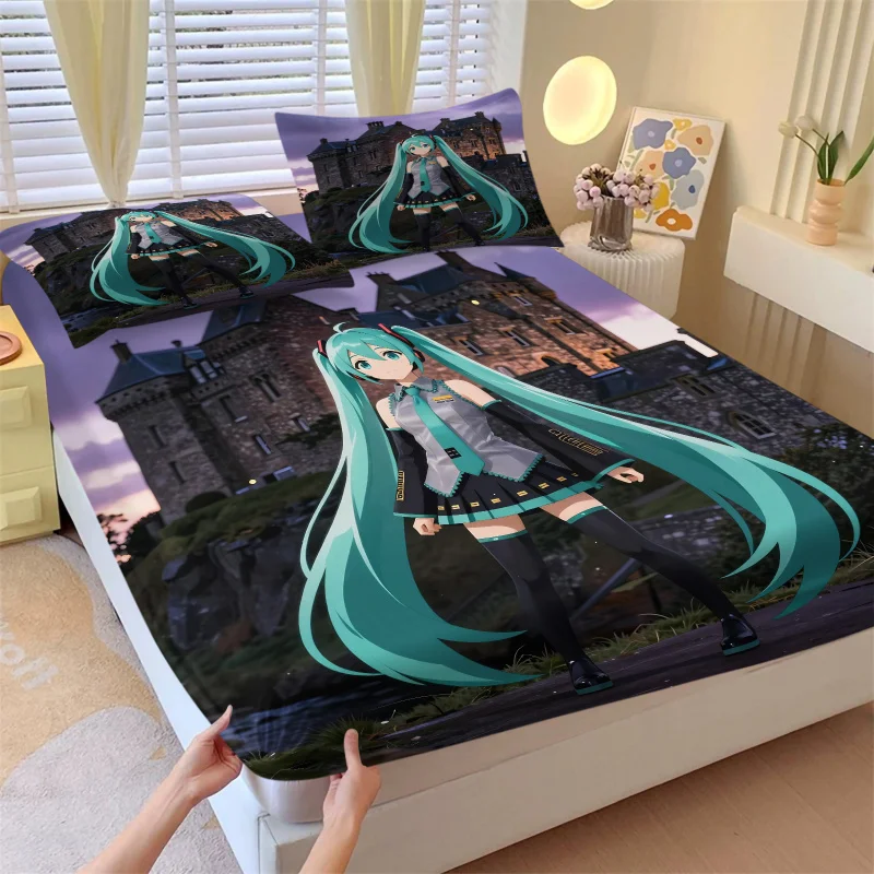 3点セット-初音ミク-フィットシーツセット-枕カバー2枚付き-ゴシック城-アニメ寝具セット-ソフトディープポケット-ファン向け寝室装飾
