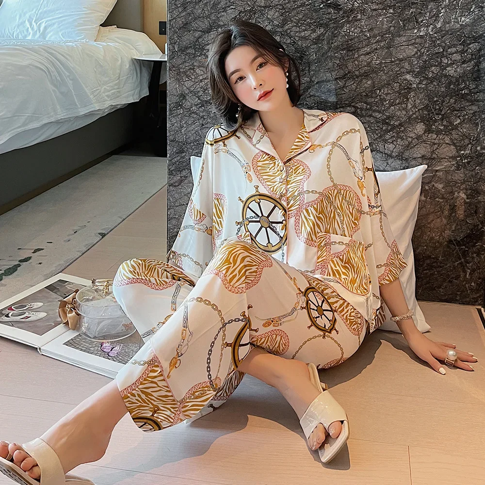 2021 Luxury Printing Pajamas Set for Women Printed Loose Large Size Ice Silk Set Fashion Home Service Sleepwear Homewear Clothes