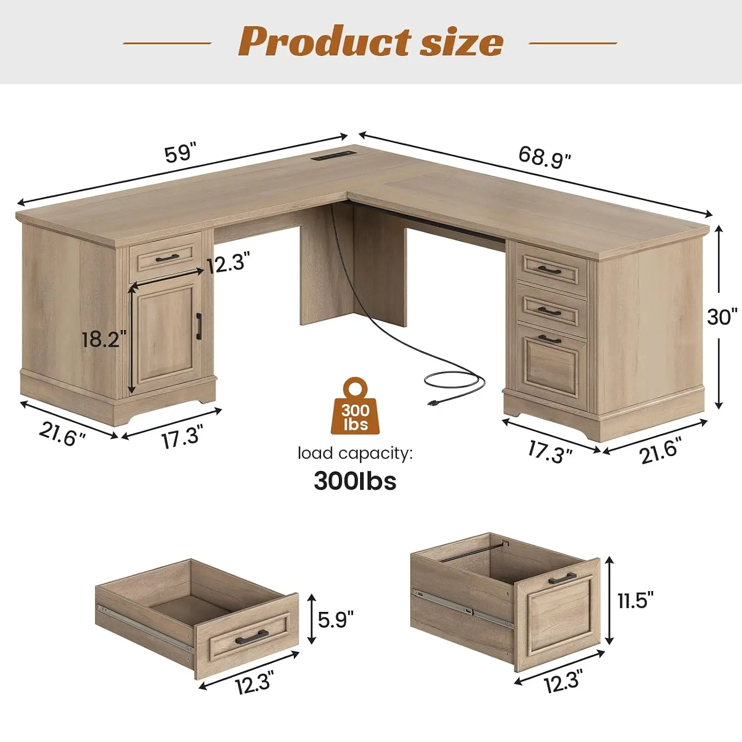 L Shaped Executive Desk with Storage Drawers, Power Outlet & File Drawer for Home Office, 69