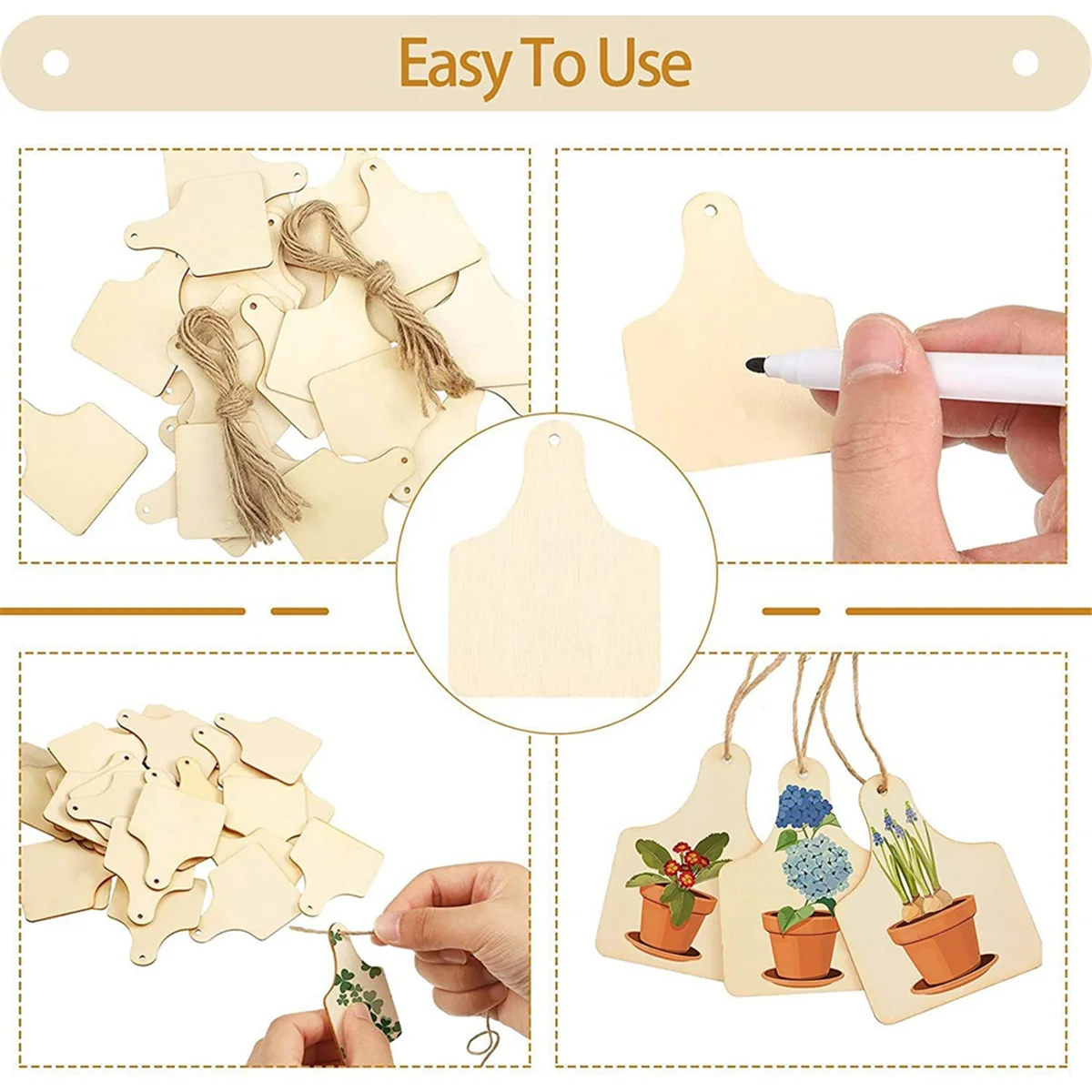 Wooden Cow Ear Tags Ornaments to Paint 40 Pcs, DIY Blank Unfinished Wood Labels Ornament for Crafts Hanging