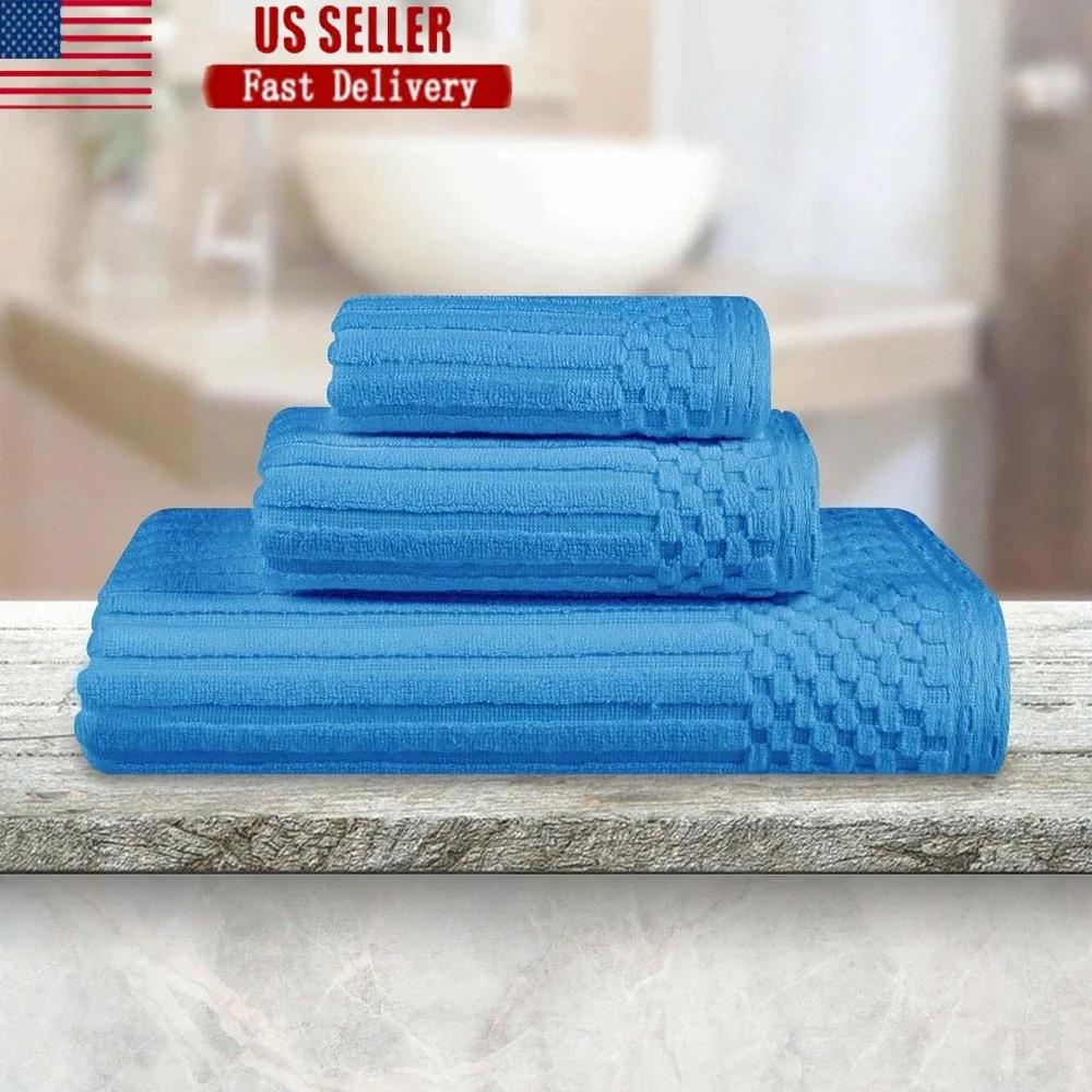 

Soho Ribbed Cotton 3 Piece Absorbent Towel Set Bath Hand Face Quick Dry Soft Eco-Friendly Contemporary Elegance Home Essentials