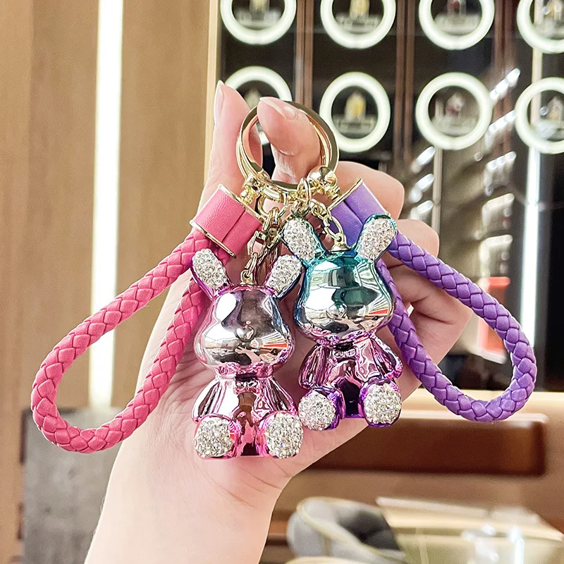 Resin belt drill electroplating dual color rabbit keychain pendant cartoon trend doll exquisite bag keychain pendant