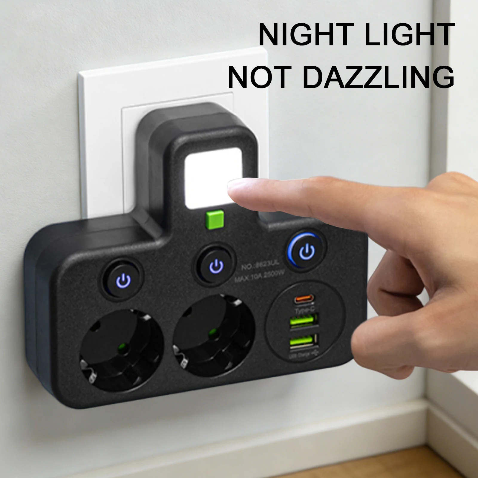 Outlet Splitter with 3 USB Ports Power Plug Adapter Multi Plug Outlet with Night Light for Home Travel Dorm Room Essentials