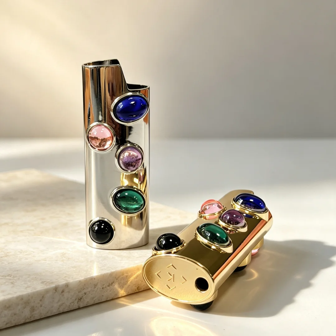 Colorful Gem Inlaid Zinc Alloy Lighter Case Vintage Polished Metal Protective Shell Compatible with BIC J6 view 5